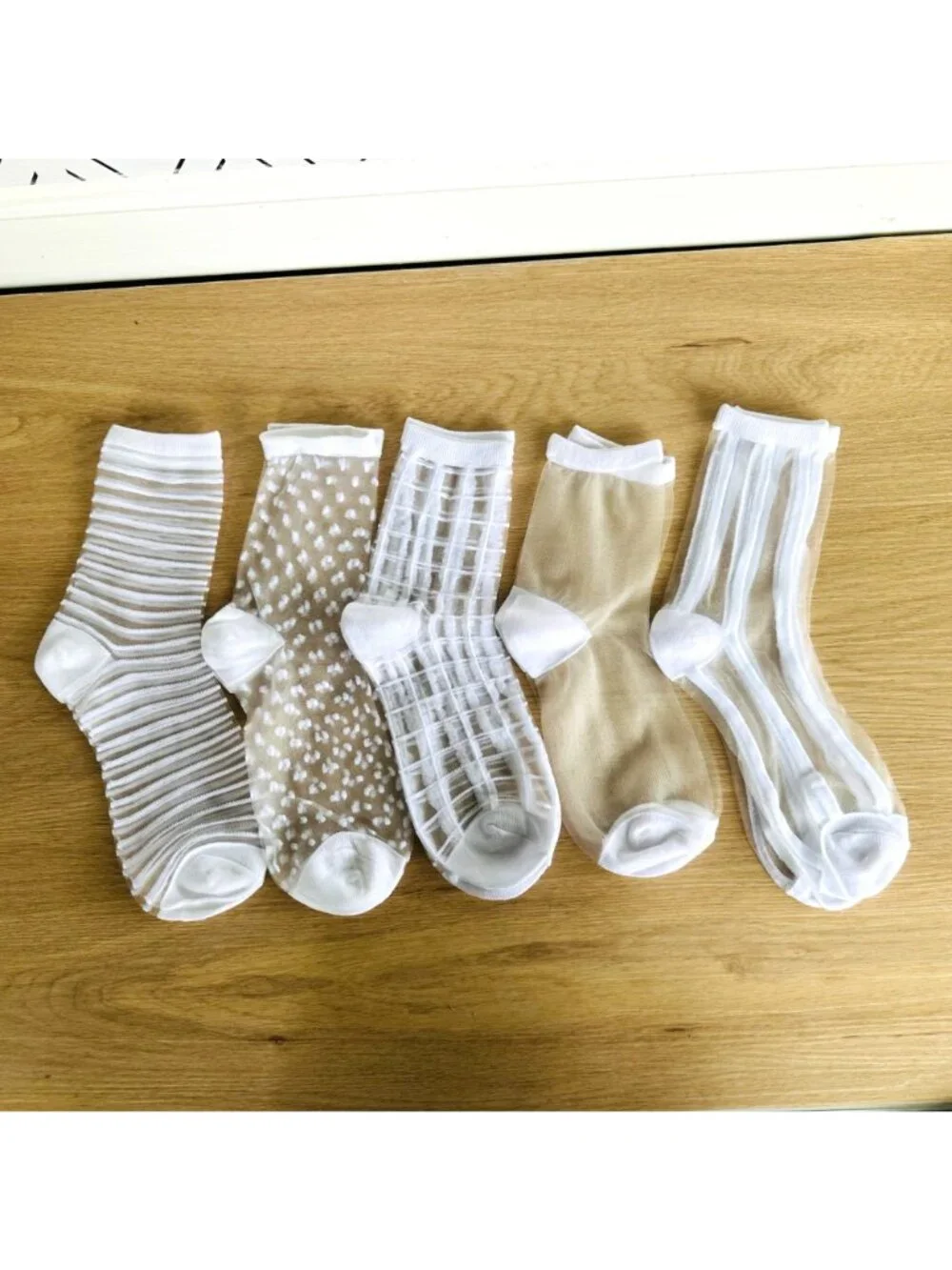 ⭐Women Socks 5 Pairs Transparent Silk Elastic Mesh  Multi design Ankle White New